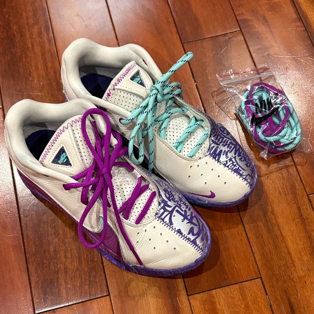Nike LeBron James Sneakers with Purple and Aqua Highlights and spare laces